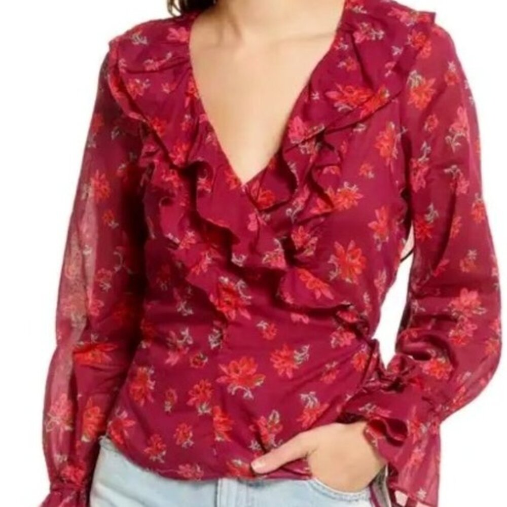 Free People Floral Ruffle Blouse in Burgundy and Red